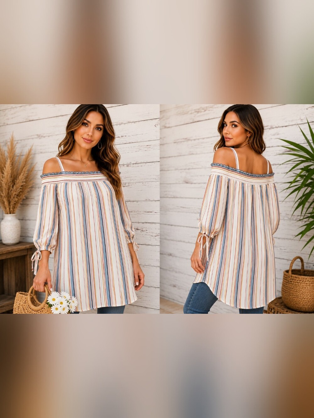 As U Wish Boho Off Shoulder Striped Tunic Top Tie Sleeve Blouse Cream XL #1032